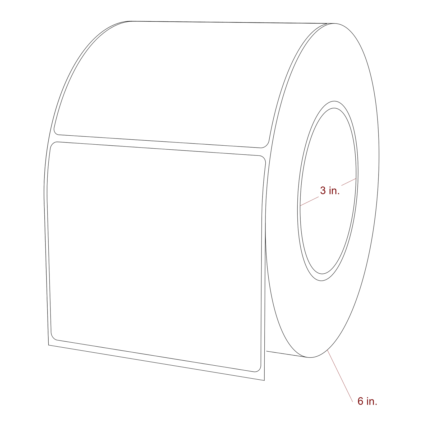 4 Inch x 3.5 Inch Rectangle Inkjet Label Roll - 3 Inch Core - 6 Inch Roll OD - 3D Perspective