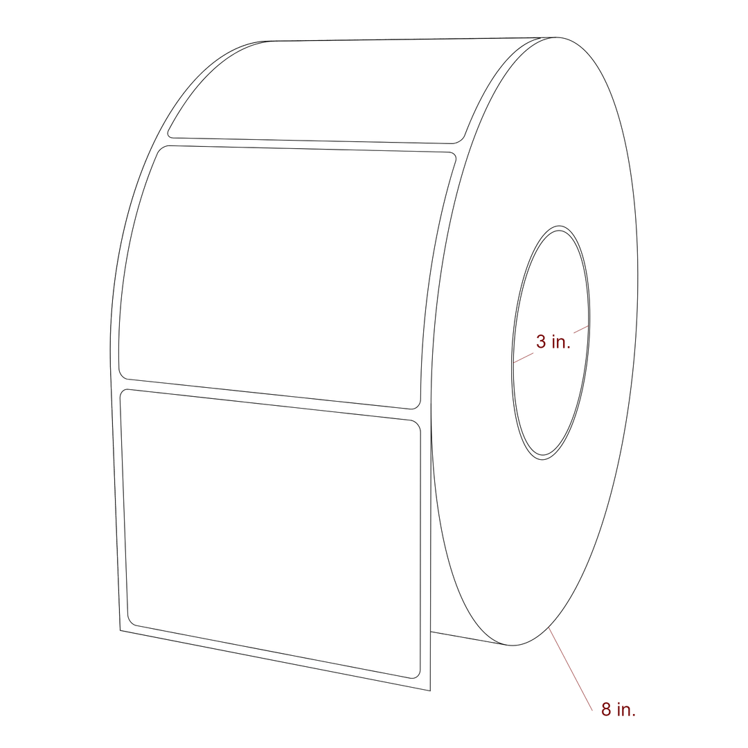 4 Inch x 3 Inch Rectangle Direct Thermal Label Roll | 0.125 in. Gutter - 3 Inch Core - 8 Inch Roll OD - 3D Perspective