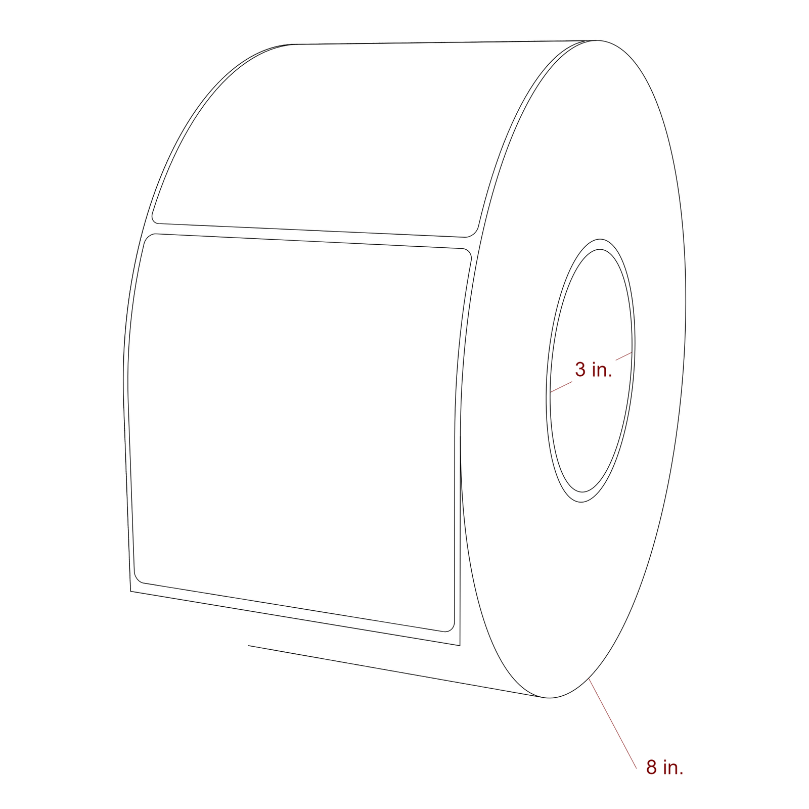 4 Inch x 4 Inch Rectangle Inkjet Label Roll - 3 Inch Core - 8 Inch Roll OD - 3D Perspective