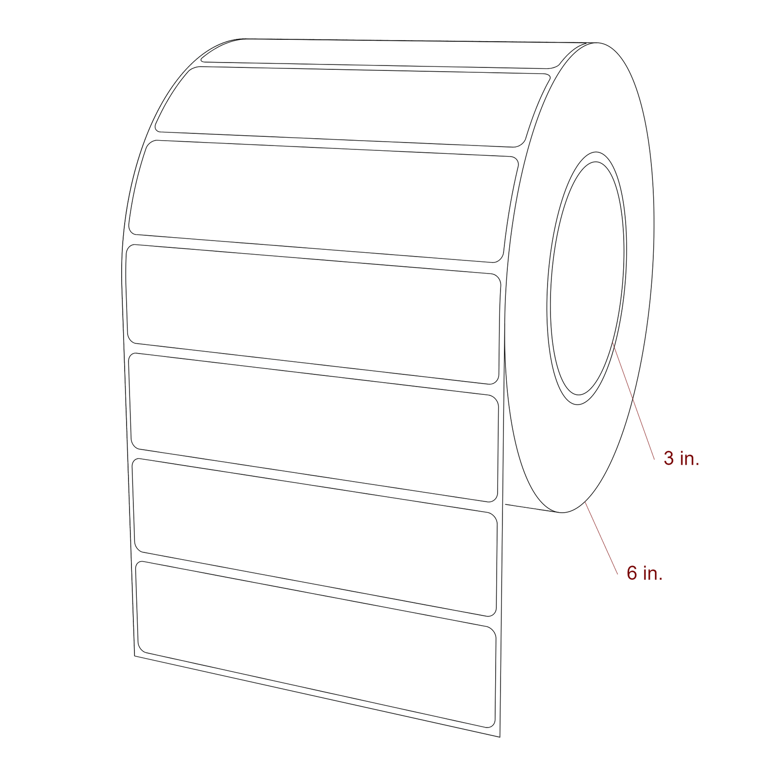 5 Inch x 1.25 Inch Rectangle Inkjet Label Roll - 3 Inch Core - 6 Inch Roll OD - 3D Perspective
