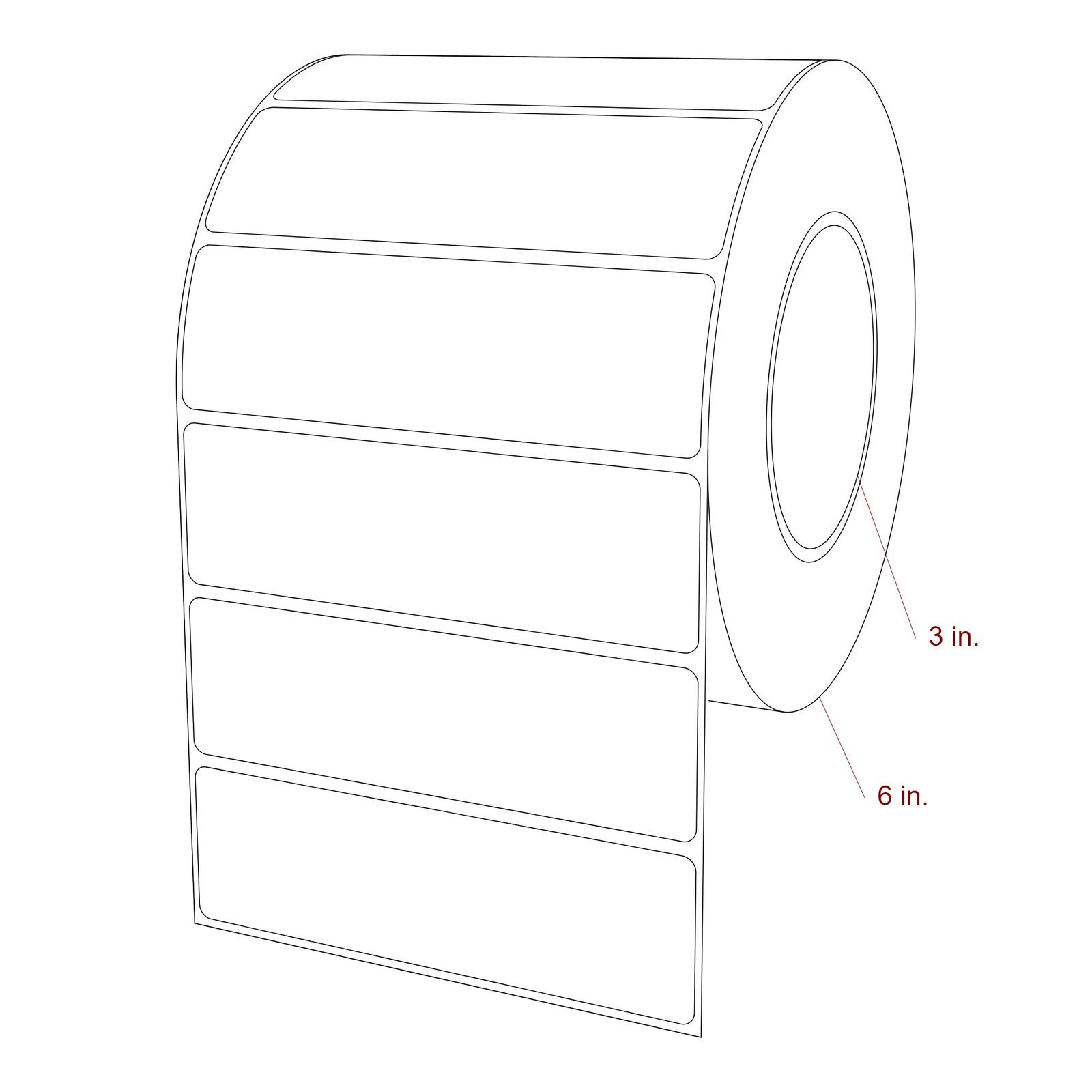 5 Inch x 1.5 Inch Rectangle Inkjet Label Roll - 3 Inch Core - 6 Inch Roll OD - 3D Perspective