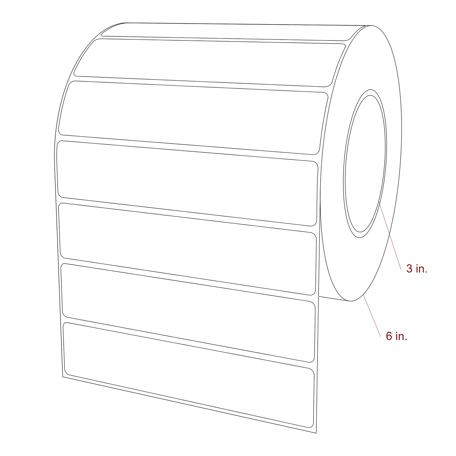 6 Inch x 1.25 Inch Rectangle Inkjet Label Roll - 3 Inch Core - 6 Inch Roll OD - 3D Perspective