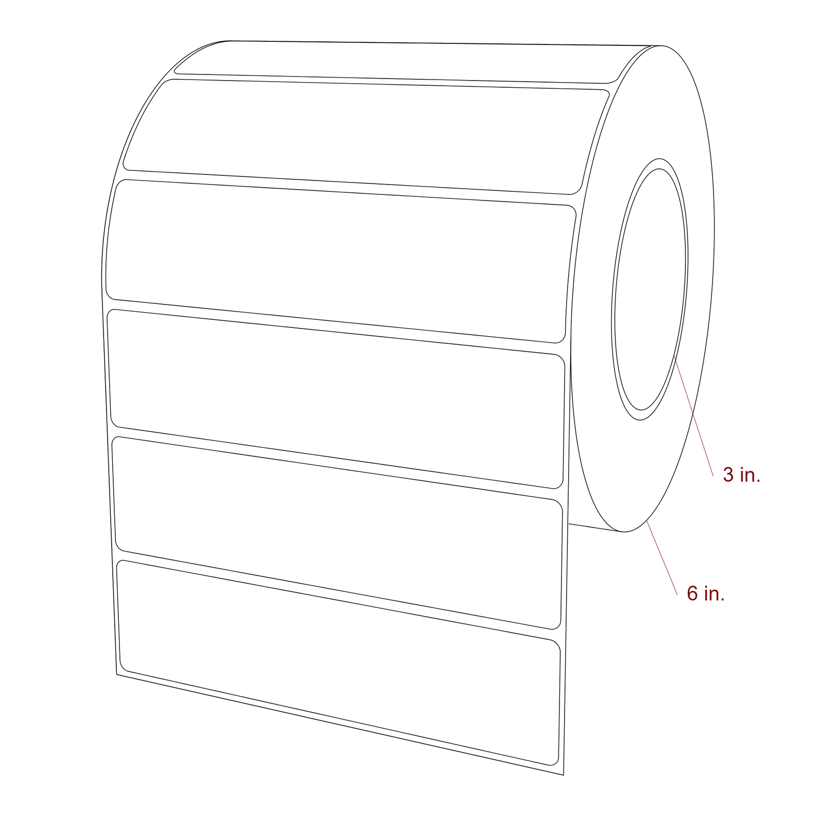 6 Inch x 1.5 Inch Rectangle Inkjet Label Roll - 3 Inch Core - 6 Inch Roll OD - 3D Perspective