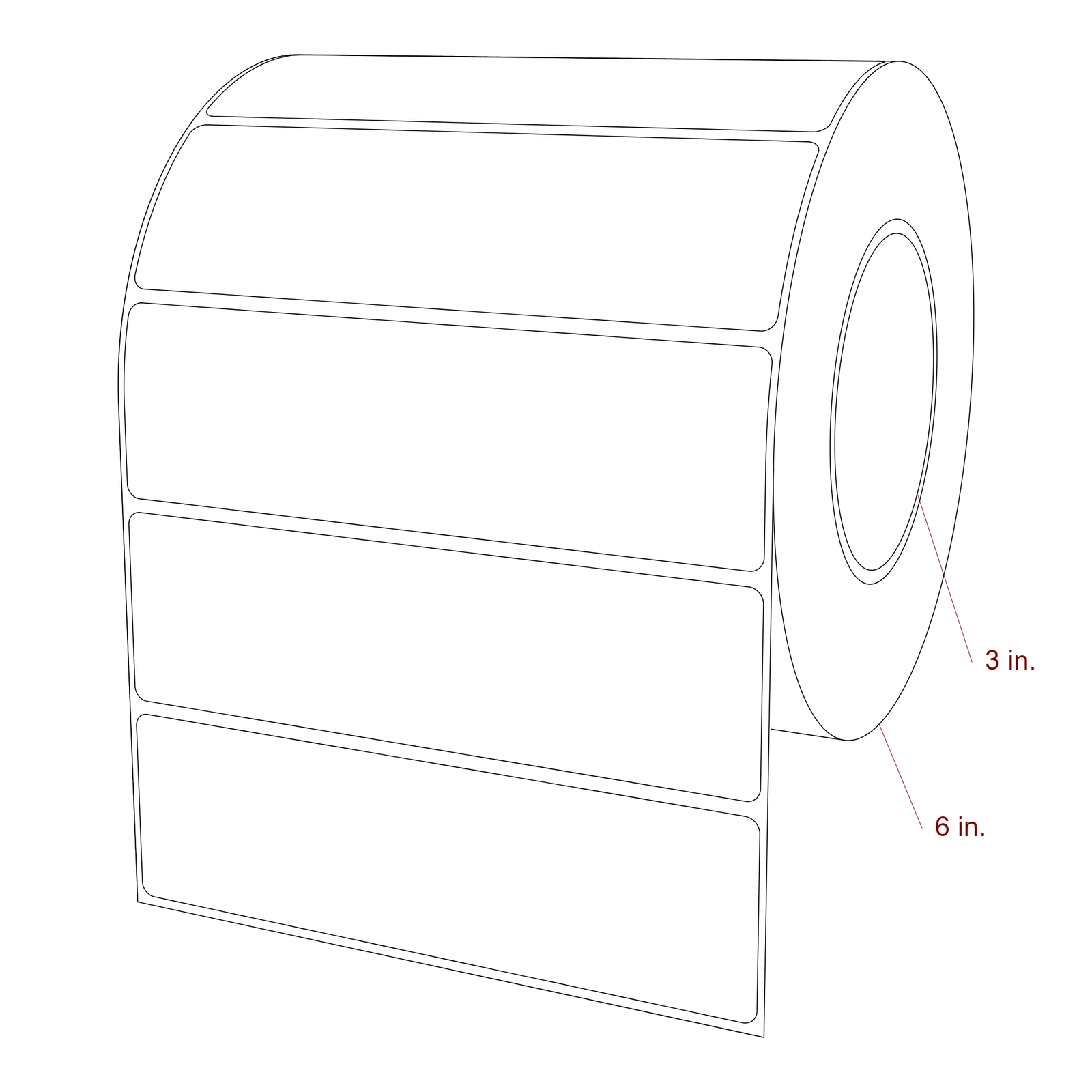 6 Inch x 1.75 Inch Rectangle Inkjet Label Roll - 3 Inch Core - 6 Inch Roll OD - 3D Perspective