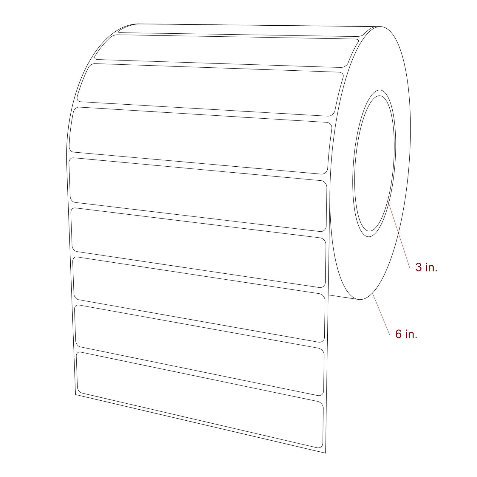 6 Inch x 1 Inch Rectangle Inkjet Label Roll - 3 Inch Core - 6 Inch Roll OD - 3D Perspective