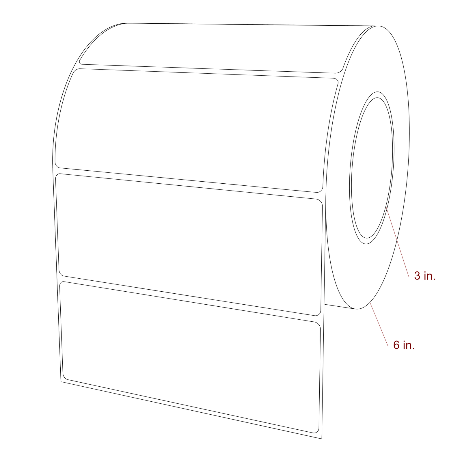 6 Inch x 2.25 Inch Rectangle Inkjet Label Roll - 3 Inch Core - 6 Inch Roll OD - 3D Perspective