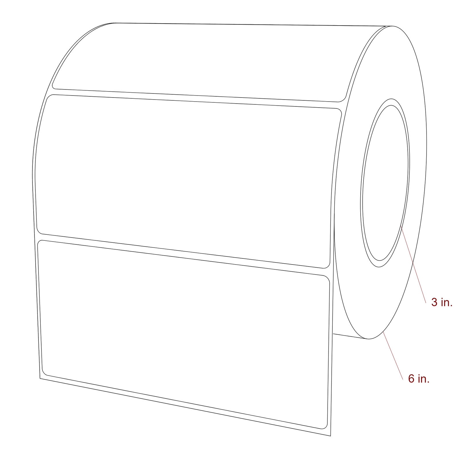 6 Inch x 2.75 Inch Rectangle Inkjet Label Roll - 3 Inch Core - 6 Inch Roll OD - 3D Perspective