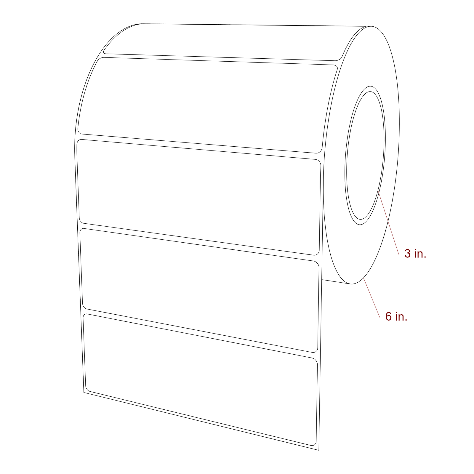 6 Inch x 2 Inch Rectangle Inkjet Label Roll - 3 Inch Core - 6 Inch Roll OD - 3D Perspective