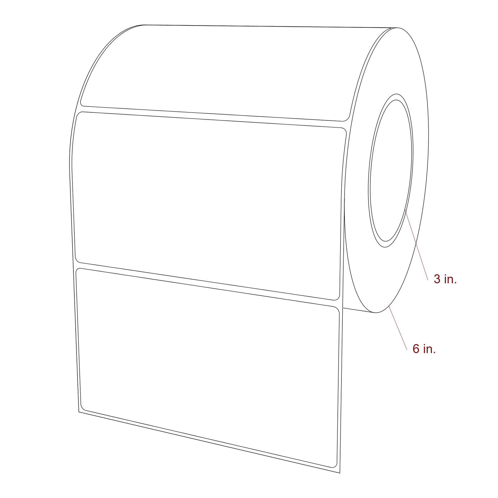 6 Inch x 3.25 Inch Rectangle Inkjet Label Roll - 3 Inch Core - 6 Inch Roll OD - 3D Perspective
