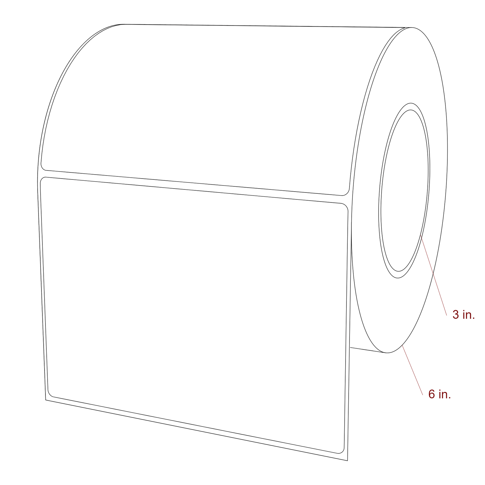 6 Inch x 4.25 Inch Rectangle Inkjet Label Roll - 3 Inch Core - 6 Inch Roll OD - 3D Perspective