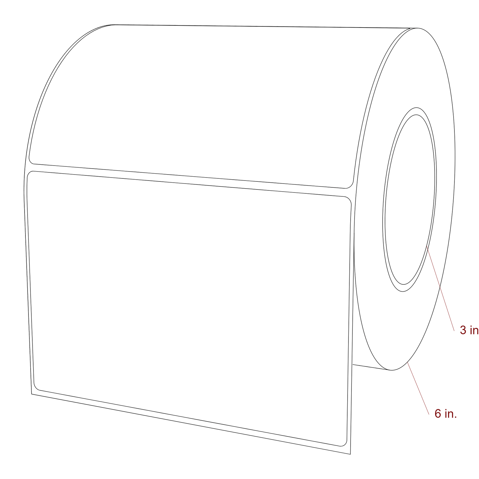 6 Inch x 4 Inch Rectangle Inkjet Label Roll - 3 Inch Core - 6 Inch Roll OD - 3D Perspective