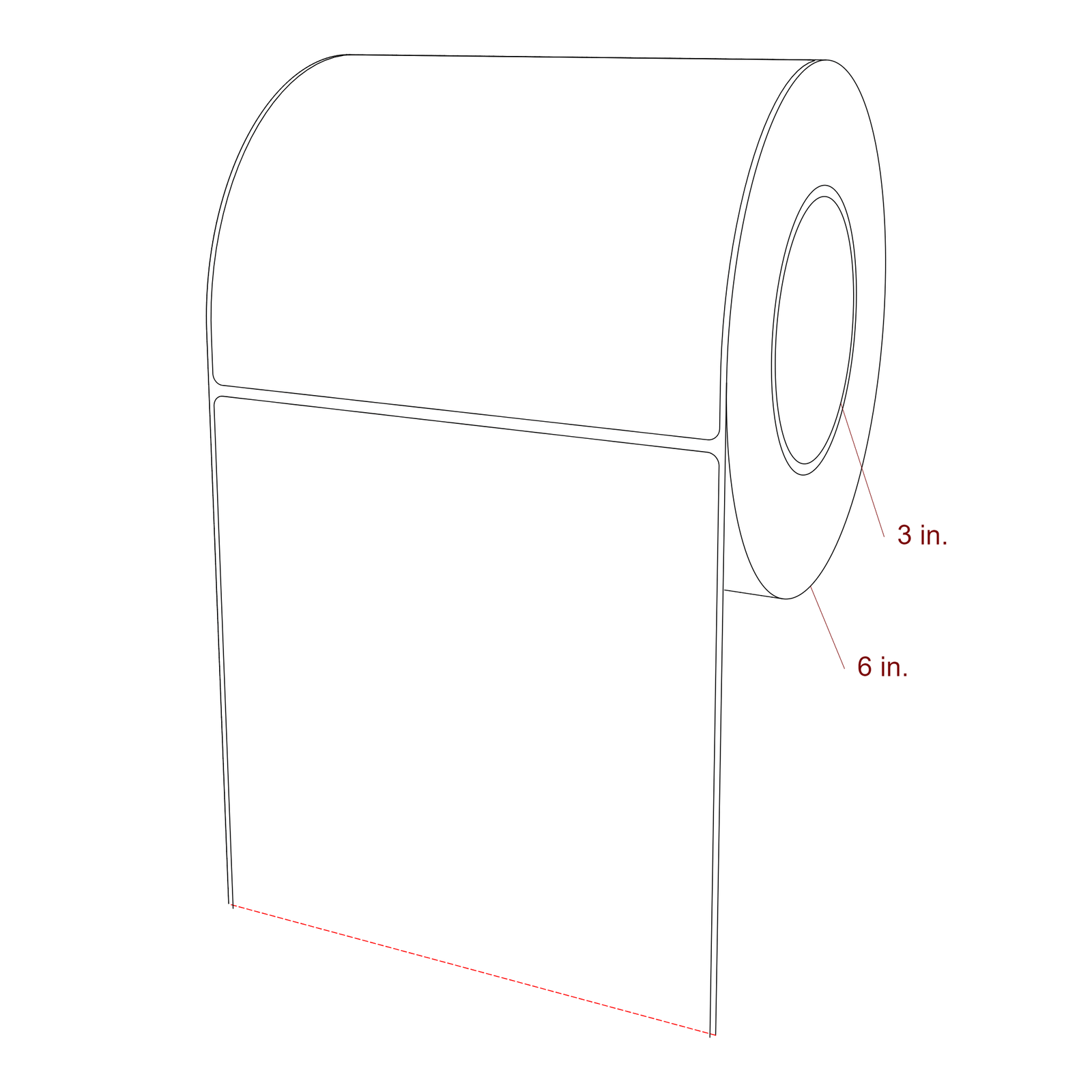 6 Inch x 5.25 Inch Rectangle Inkjet Label Roll - 3 Inch Core - 6 Inch Roll OD - 3D Perspective