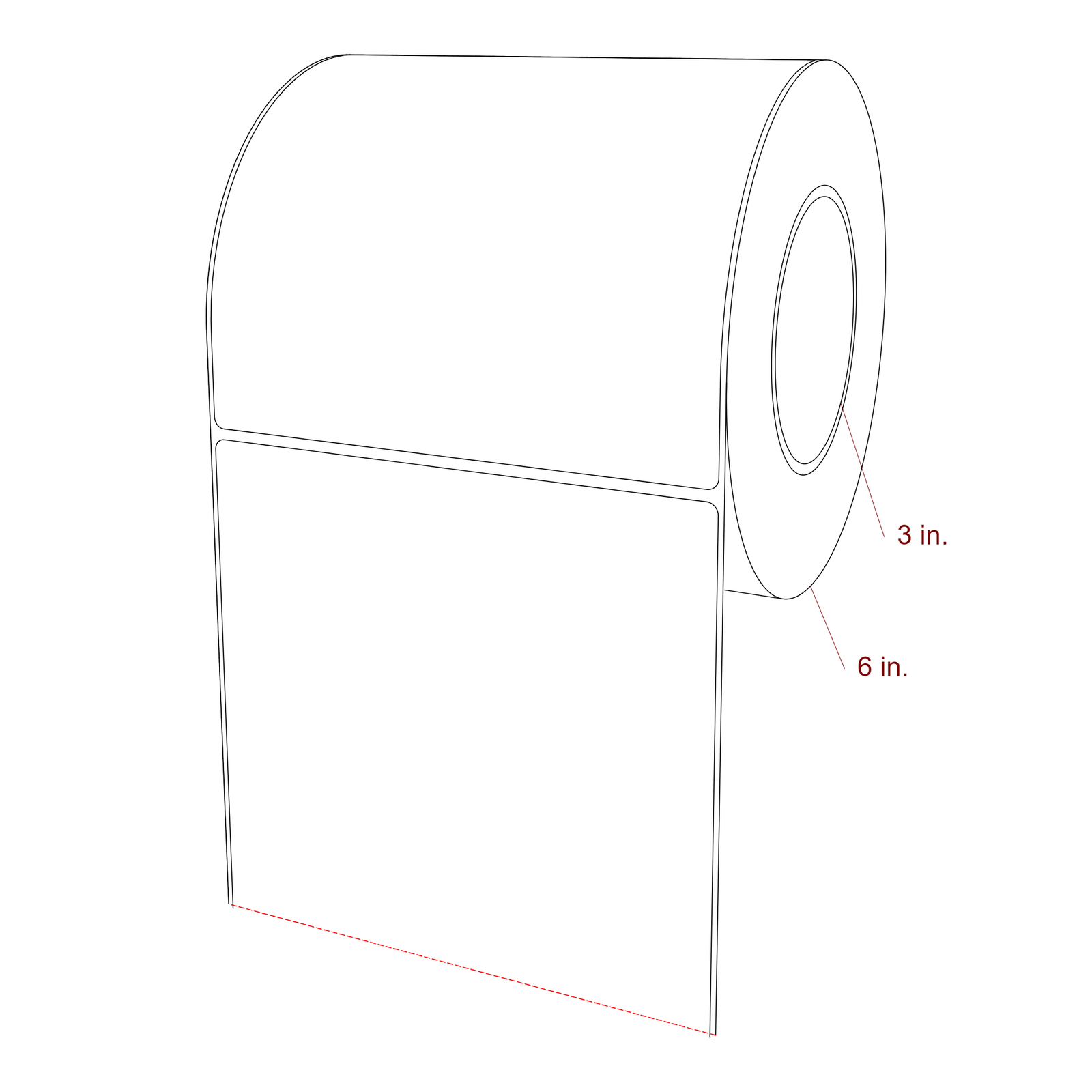 6 Inch x 5.75 Inch Rectangle Inkjet Label Roll - 3 Inch Core - 6 Inch Roll OD - 3D Perspective