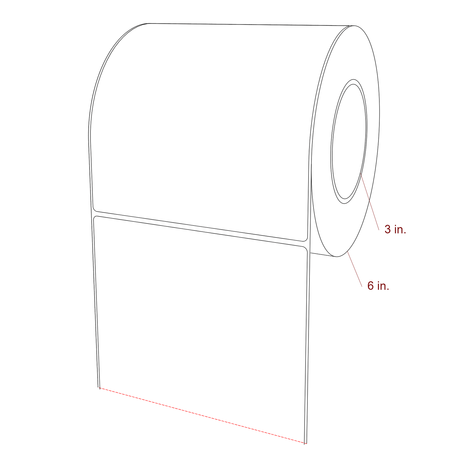 6 Inch x 6.5 Inch Rectangle Inkjet Label Roll - 3 Inch Core - 6 Inch Roll OD - 3D Perspective
