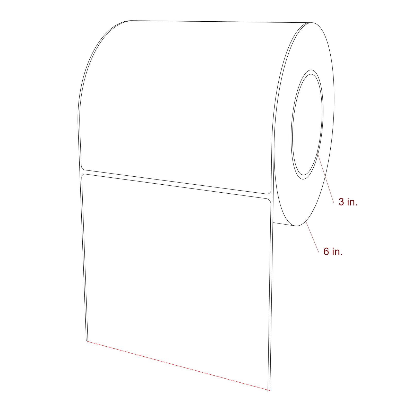 6 Inch x 6 Inch Rectangle Inkjet Label Roll - 3 Inch Core - 6 Inch Roll OD - 3D Perspective