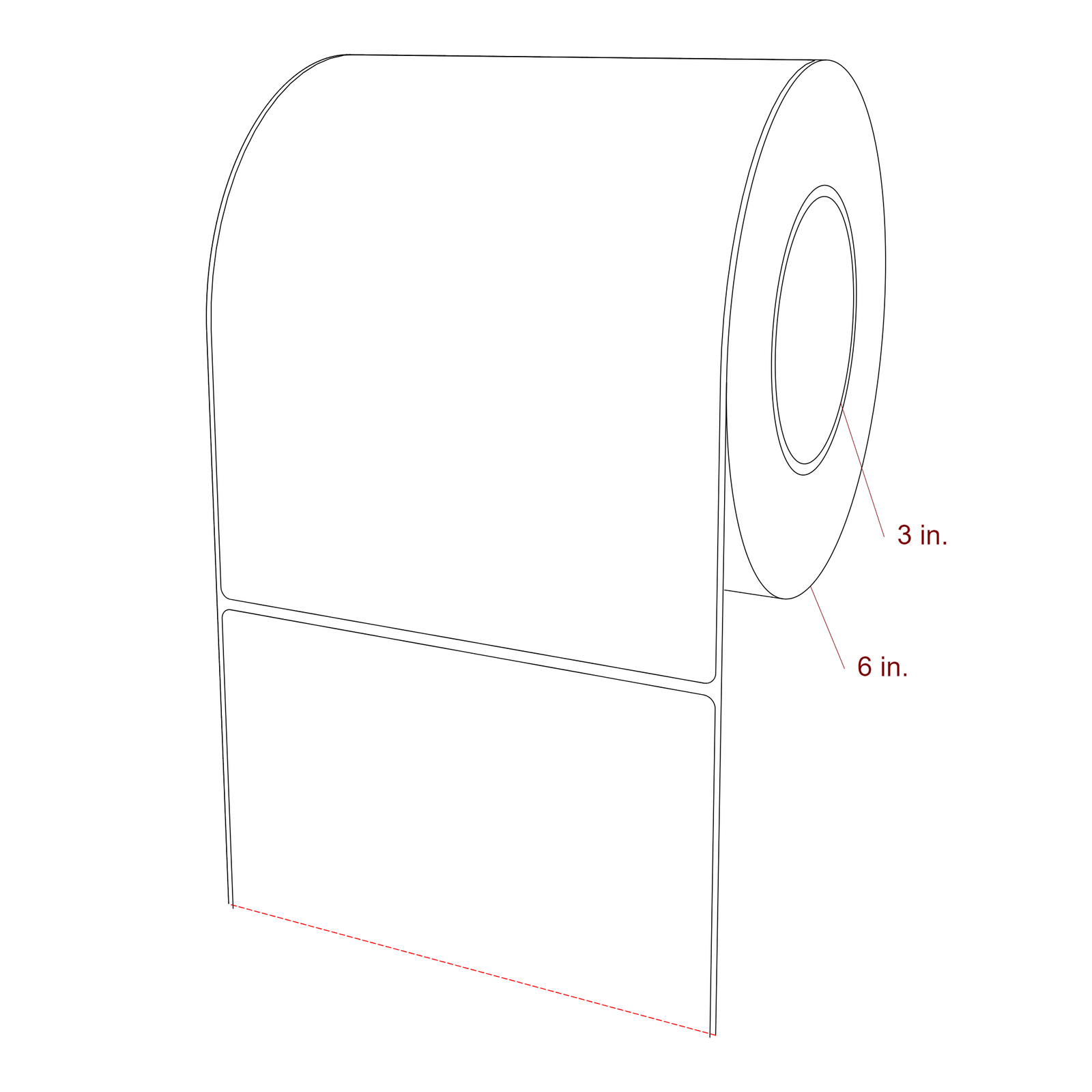 6 Inch x 7.75 Inch Rectangle Inkjet Label Roll - 3 Inch Core - 6 Inch Roll OD - 3D Perspective