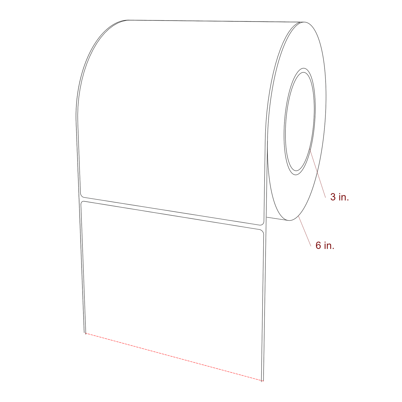 6 Inch x 7 Inch Rectangle Inkjet Label Roll - 3 Inch Core - 6 Inch Roll OD - 3D Perspective